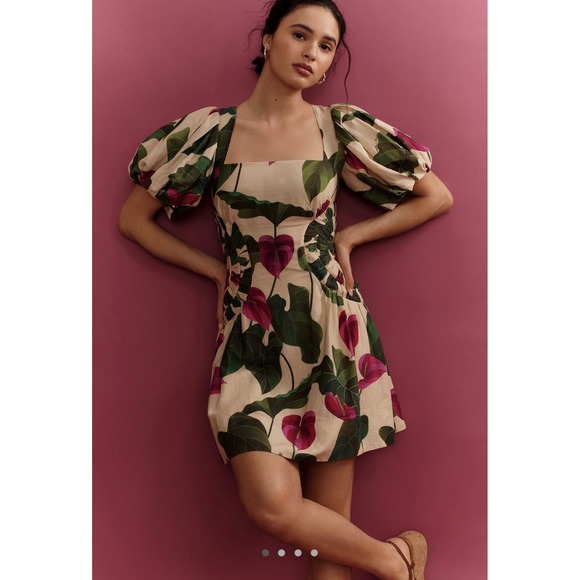 FARM Rio Dresses & Skirts - Farm Rio Anthurium Leaves Dress‎ Puff Sleeve Square Neck Linen Blend Size L